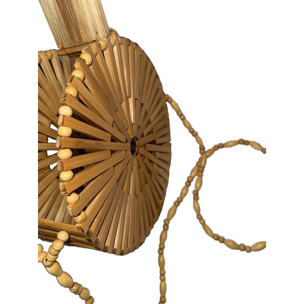 Handmade Bamboo Open Slats Round Cylinder Purse 8in Diameter With Shoulder Strap - Picture 6 of 8